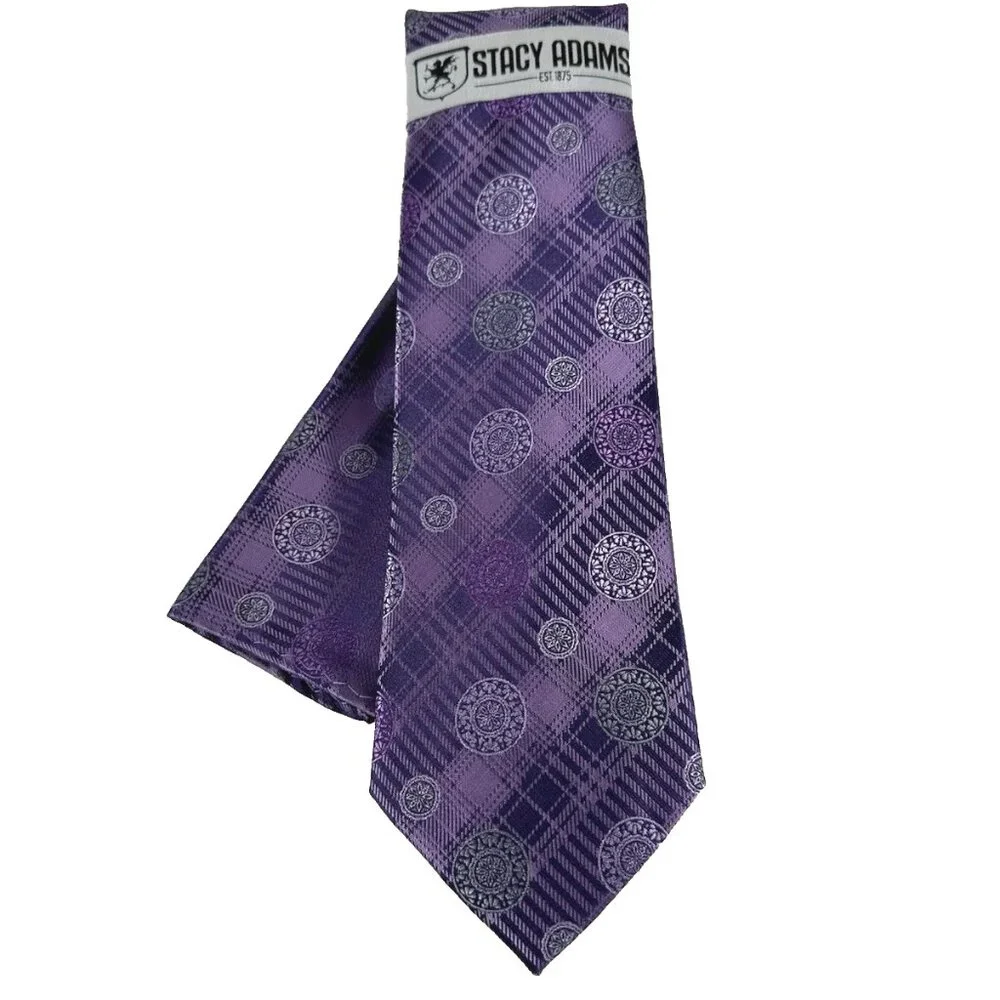 Stacy Adams Men Tie Hanky Purple Lilac Charcoal Gray Plaids & Checks 3.25